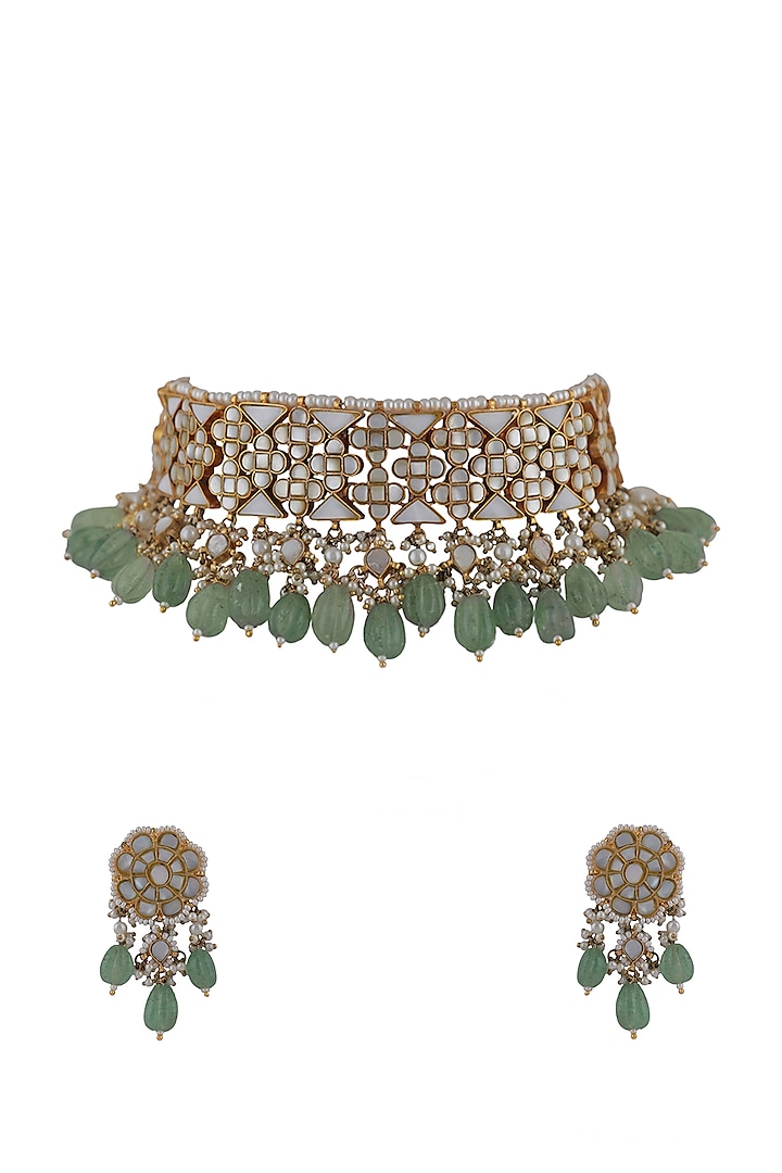 Gold Plated Sea Green Pearl Choker Necklace Set by Riana Jewellery at Pernia's Pop Up Shop