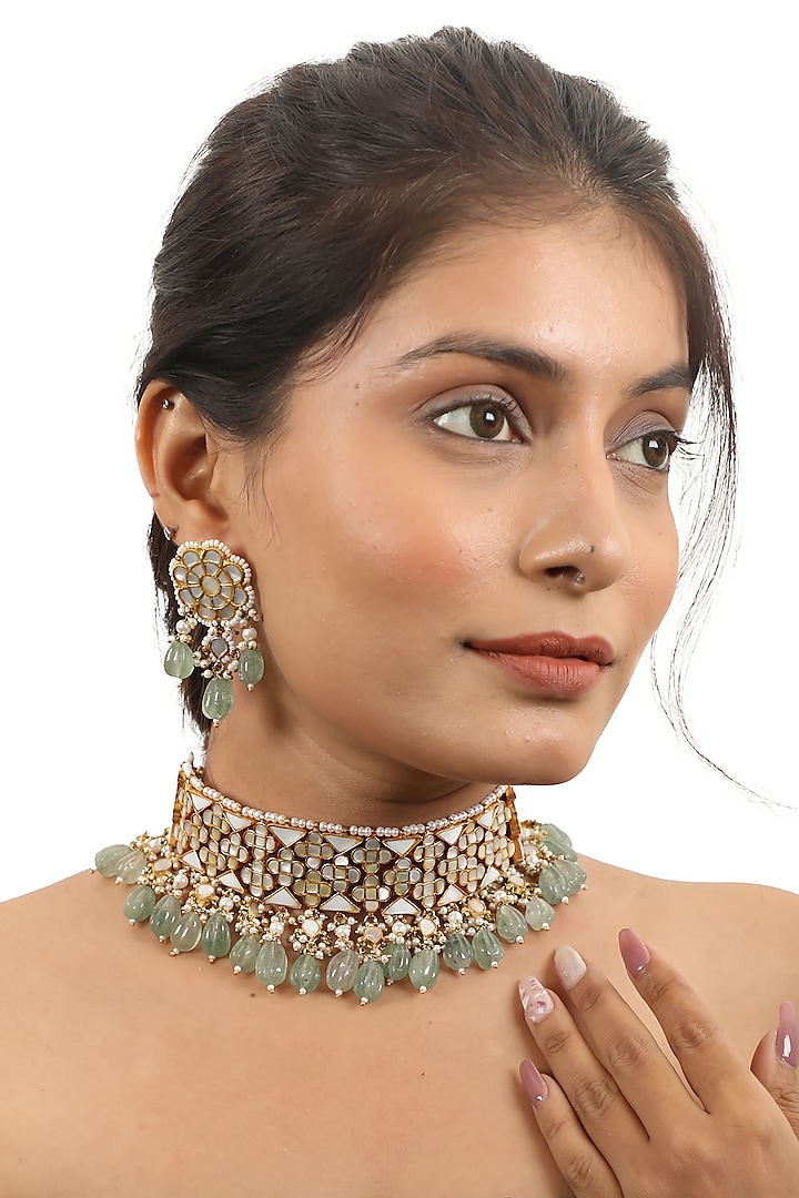 Gold Plated Sea Green Pearl Choker Necklace Set by Riana Jewellery