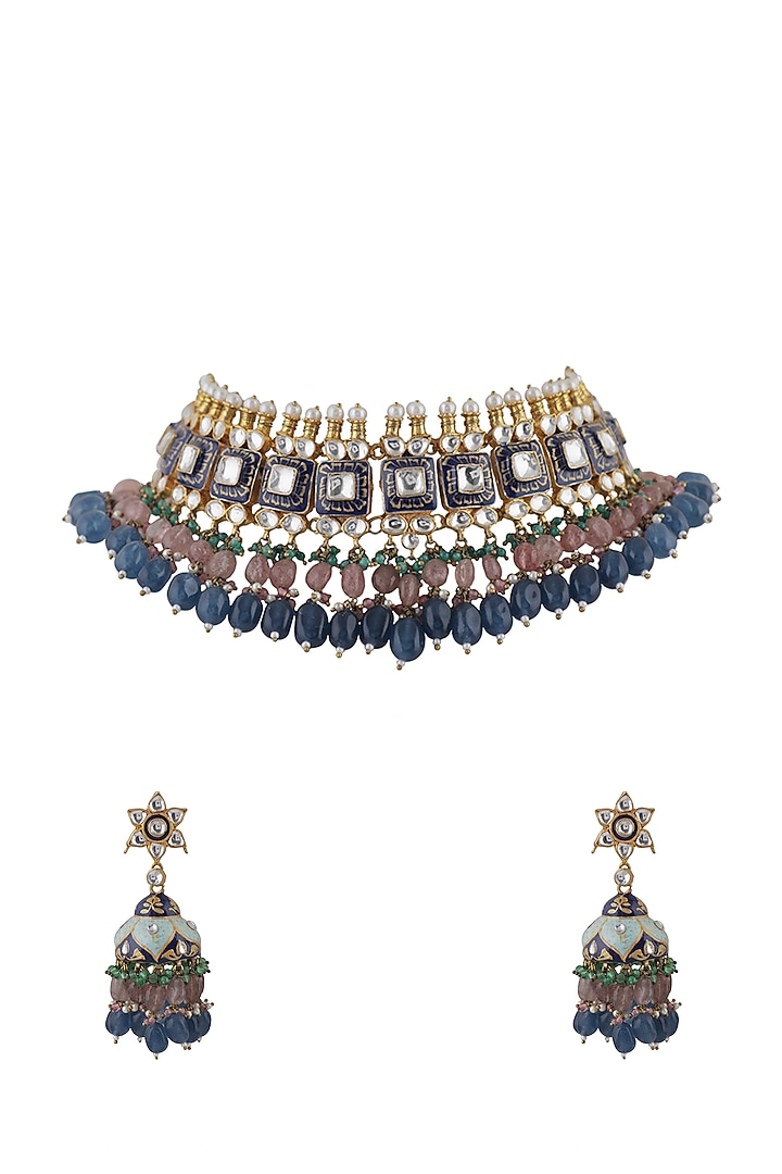 Gold Plated Pearl & Jadtar Stone Meenakari Choker Necklace Set by Riana Jewellery at Pernia's Pop Up Shop