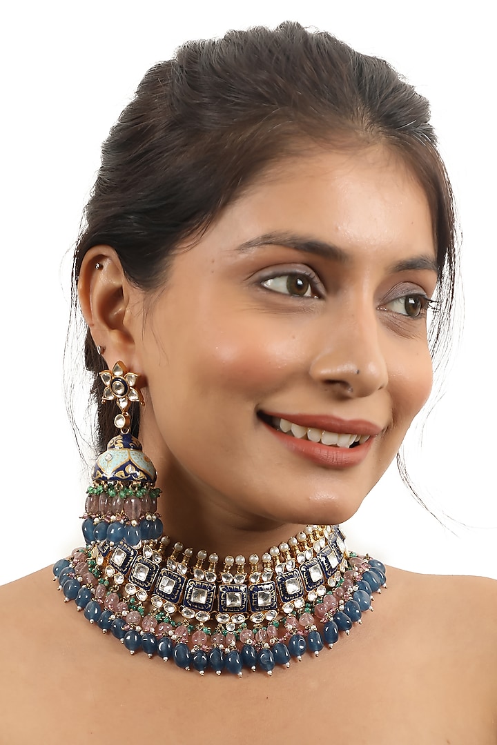 Gold Plated Pearl & Jadtar Stone Meenakari Choker Necklace Set by Riana Jewellery