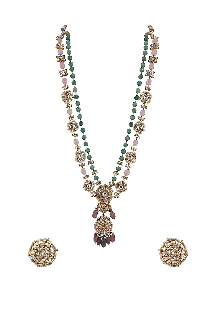 Gold Plated Light Pink Beaded & Pearl Long Necklace Set by Riana Jewellery at Pernia's Pop Up Shop