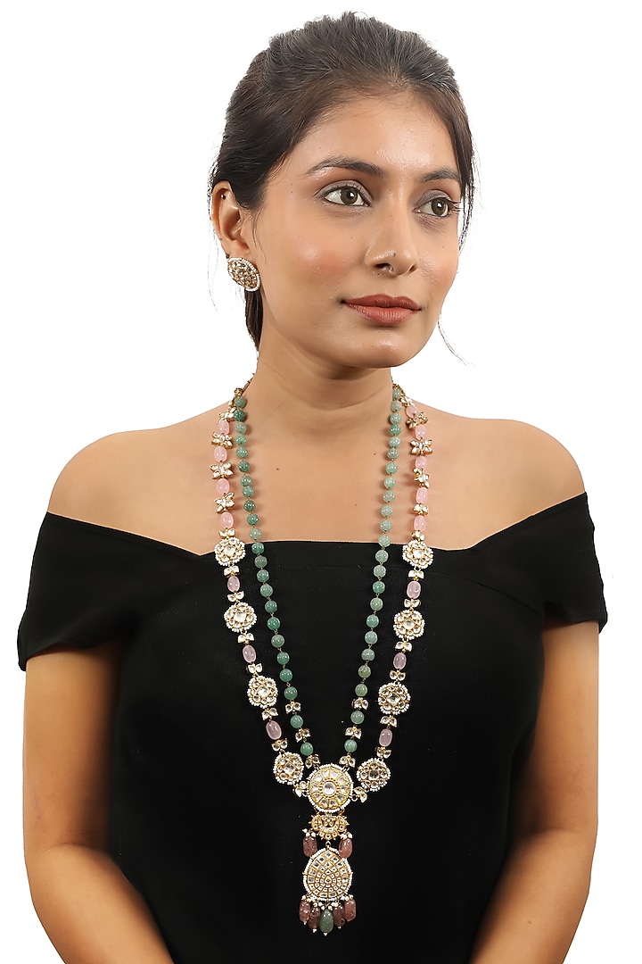 Gold Plated Light Pink Beaded & Pearl Long Necklace Set by Riana Jewellery at Pernia's Pop Up Shop