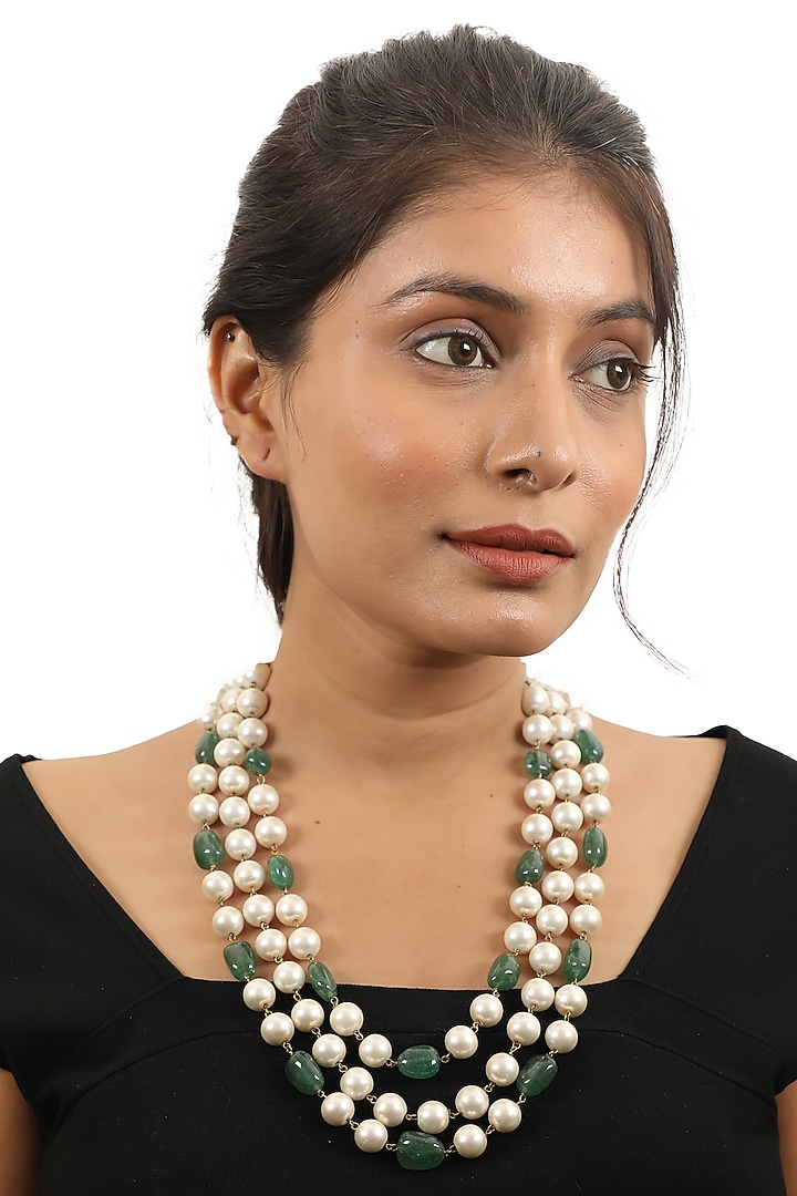 Gold Plated Sea Green Beaded Layered Mala by Riana Jewellery at Pernia's Pop Up Shop