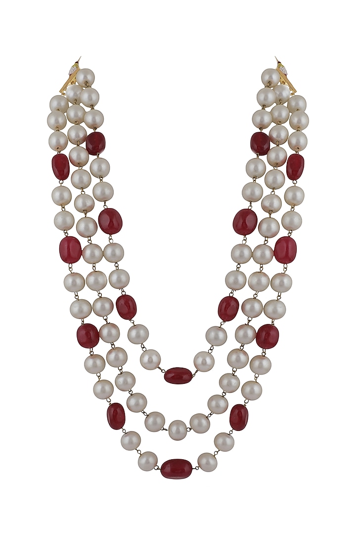 Gold Plated Red Beaded Layered Mala by Riana Jewellery at Pernia's Pop Up Shop