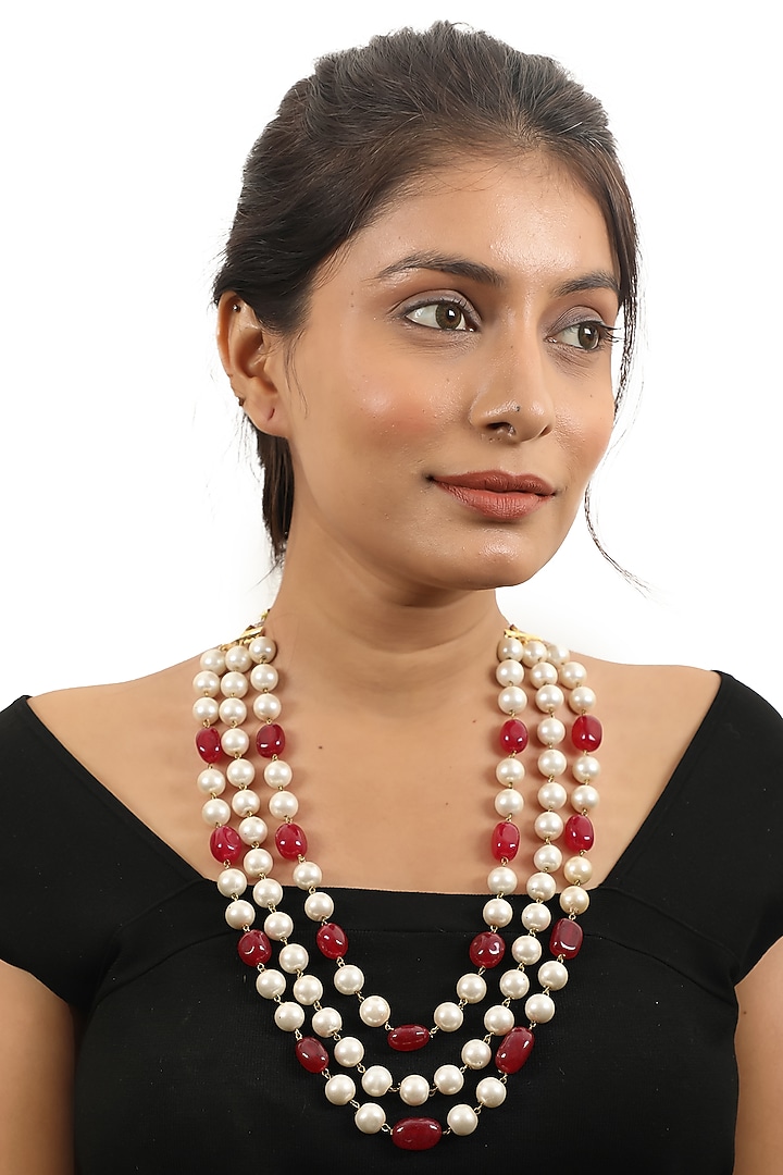 Gold Plated Red Beaded Layered Mala by Riana Jewellery at Pernia's Pop Up Shop