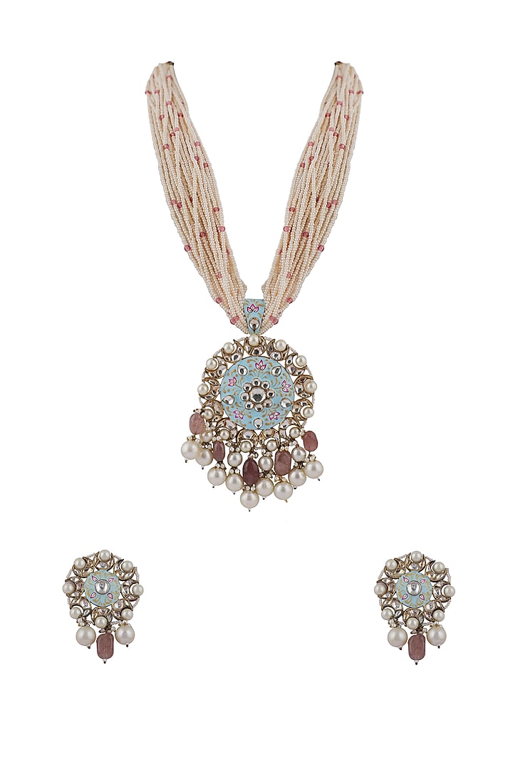 Gold Plated Pastel Pink Beaded Meenakari Long Pendant Necklace Set by Riana Jewellery at Pernia's Pop Up Shop