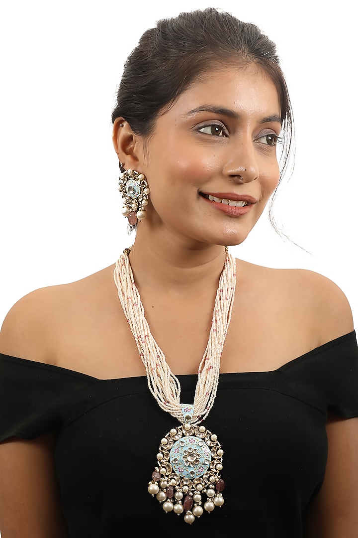 Gold Plated Pastel Pink Beaded Meenakari Long Pendant Necklace Set by Riana Jewellery at Pernia's Pop Up Shop