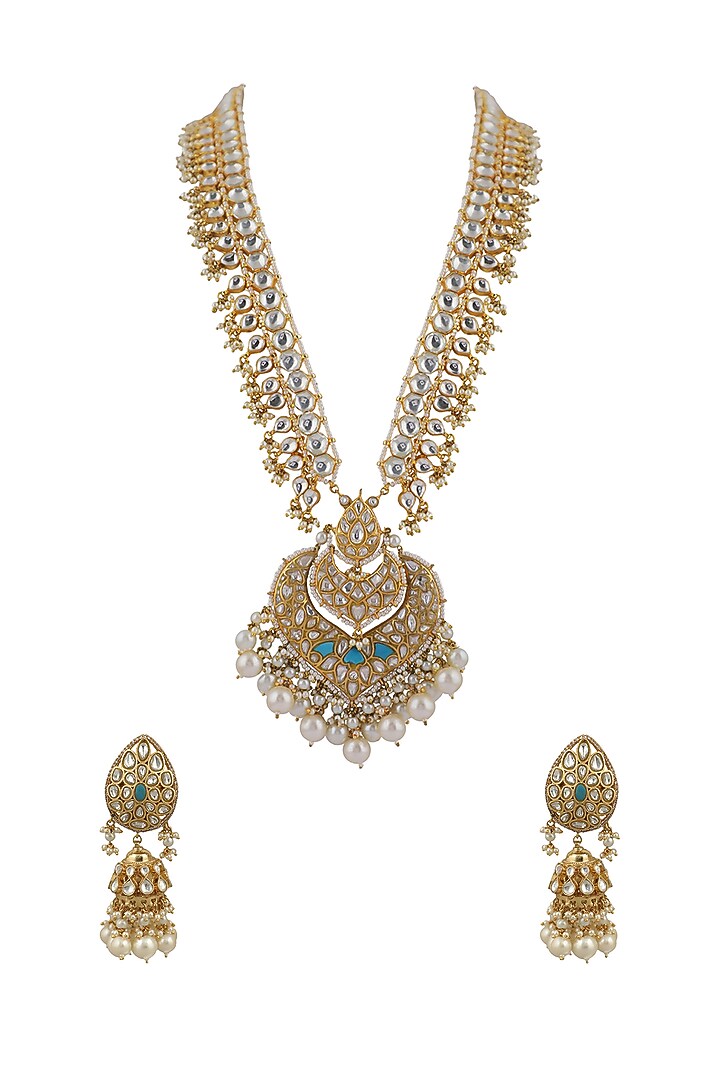 Gold Plated White Pearl Long Pendant Necklace Set by Riana Jewellery at Pernia's Pop Up Shop