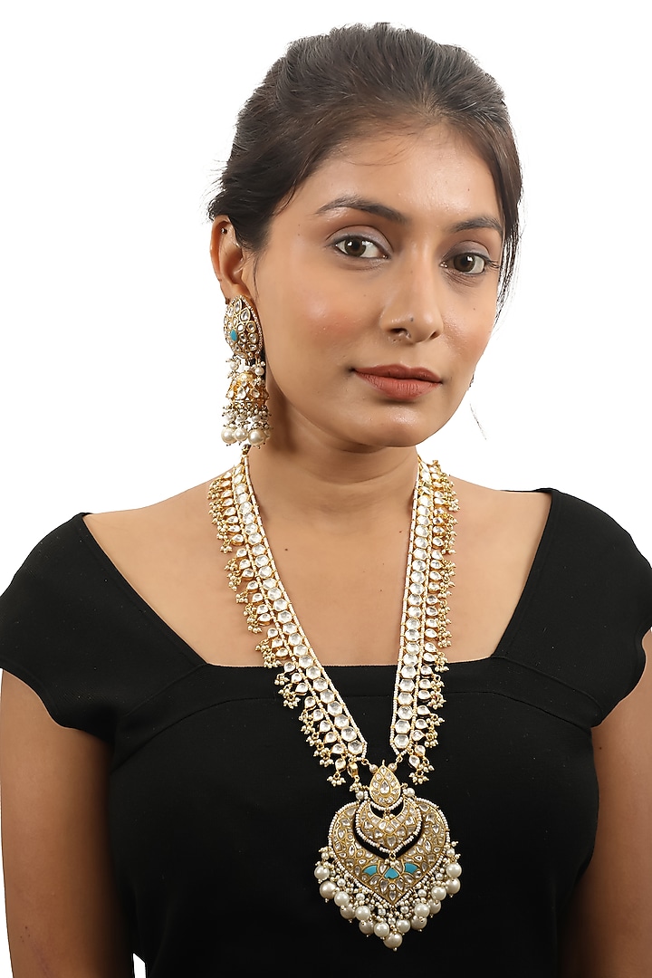 Gold Plated White Pearl Long Pendant Necklace Set by Riana Jewellery at Pernia's Pop Up Shop