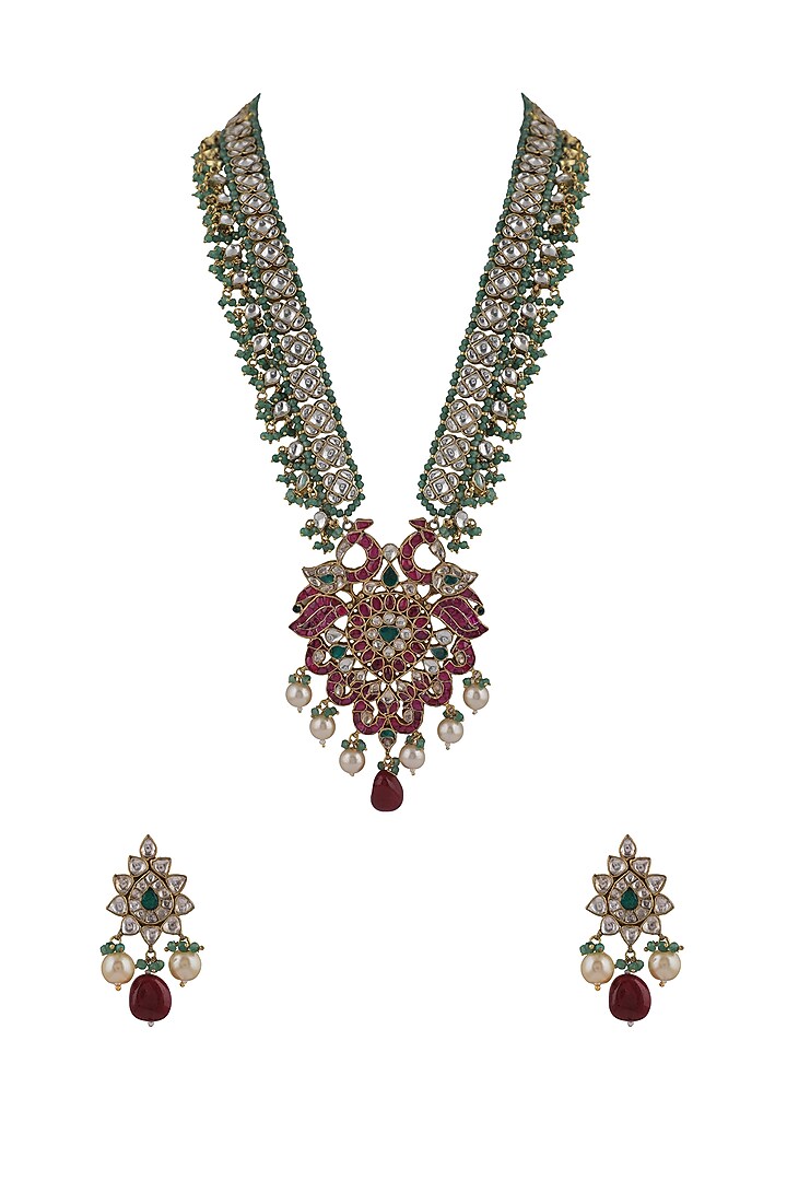 Gold Plated Sea Green Beaded & Pearl Long Pendant Necklace Set by Riana Jewellery at Pernia's Pop Up Shop