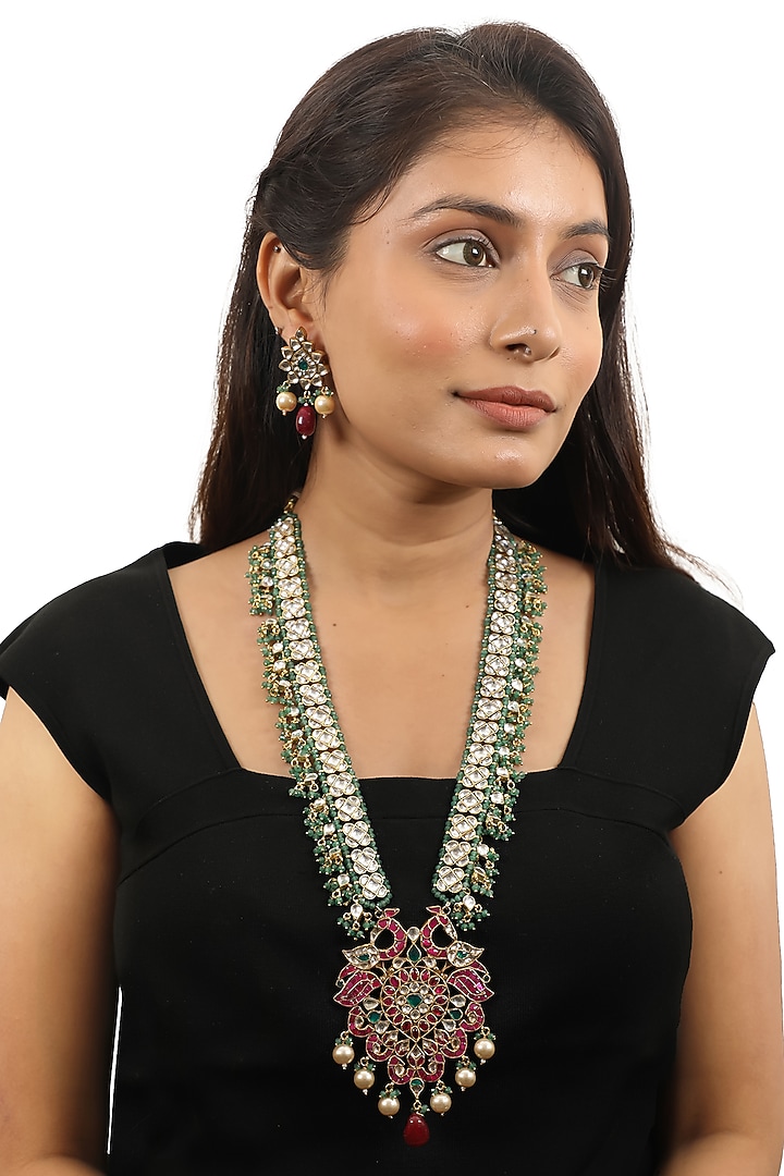 Gold Plated Sea Green Beaded & Pearl Long Pendant Necklace Set by Riana Jewellery at Pernia's Pop Up Shop