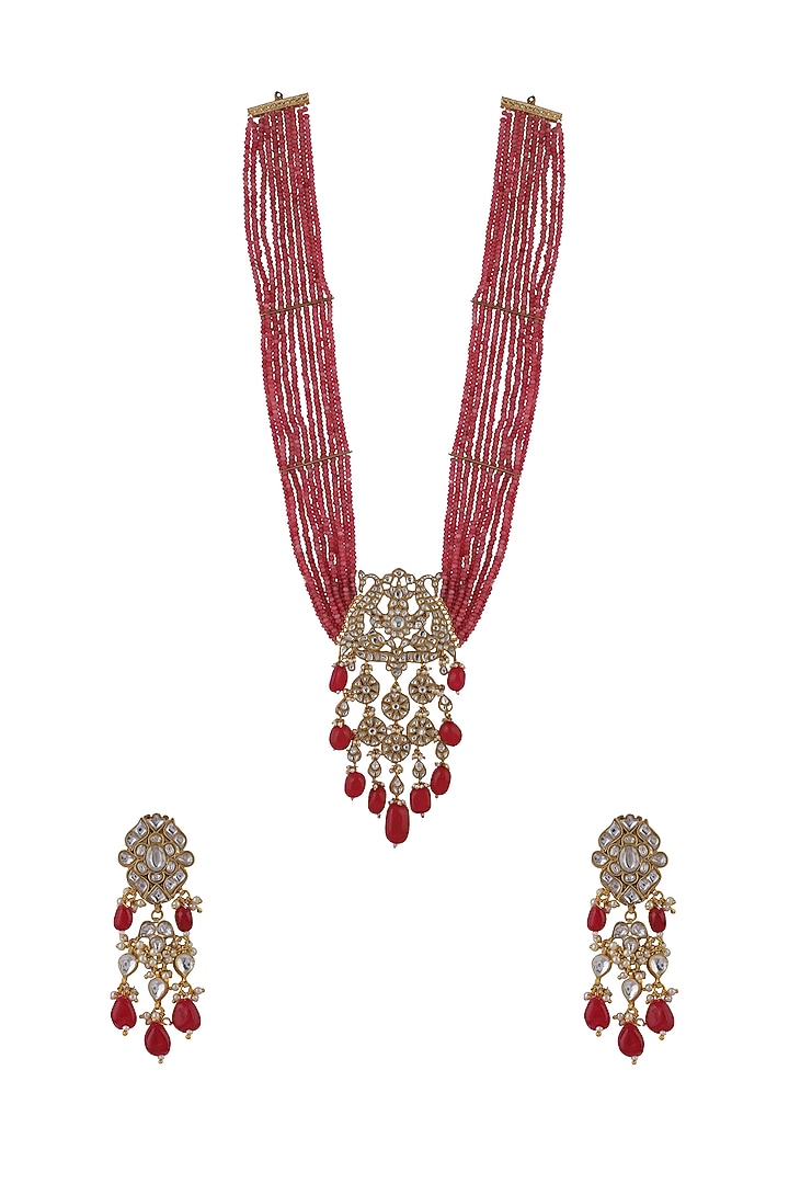 Gold Plated Pink Beaded & Pearl Long Necklace Set by Riana Jewellery at Pernia's Pop Up Shop