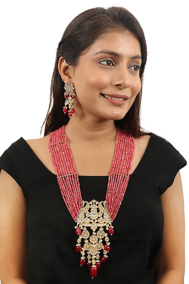 Gold Plated Pink Beaded & Pearl Long Necklace Set by Riana Jewellery at Pernia's Pop Up Shop