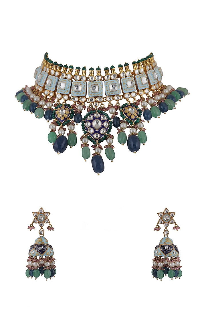 Gold Plated Pearl Meenakari Choker Necklace Set by Riana Jewellery at Pernia's Pop Up Shop