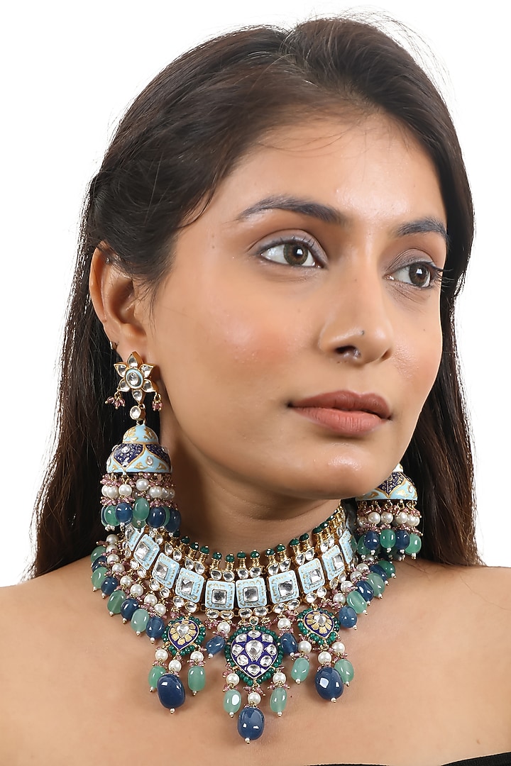 Gold Plated Pearl Meenakari Choker Necklace Set by Riana Jewellery at Pernia's Pop Up Shop