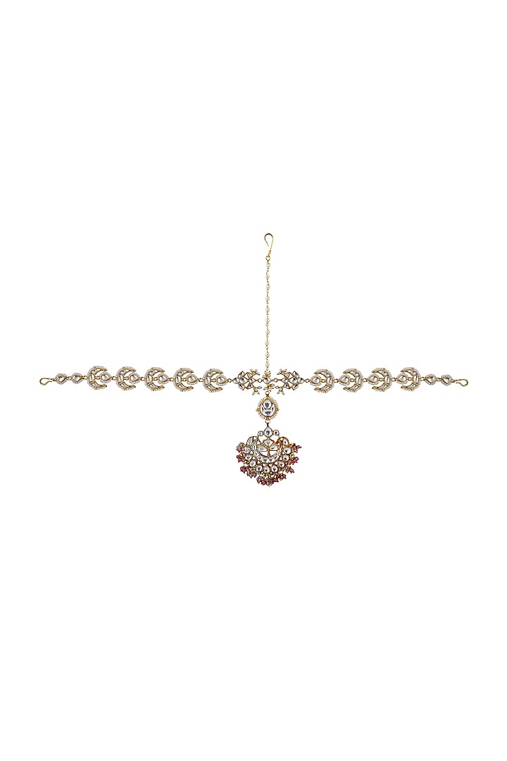 Gold Plated Light Pink Hanging & Pearl Chand Mathapatti by Riana Jewellery at Pernia's Pop Up Shop