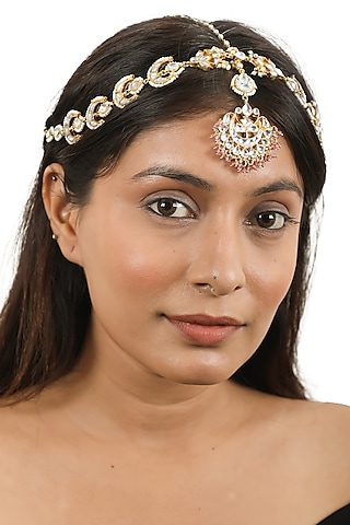 Gold Plated Light Pink Hanging & Pearl Chand Mathapatti by Riana Jewellery