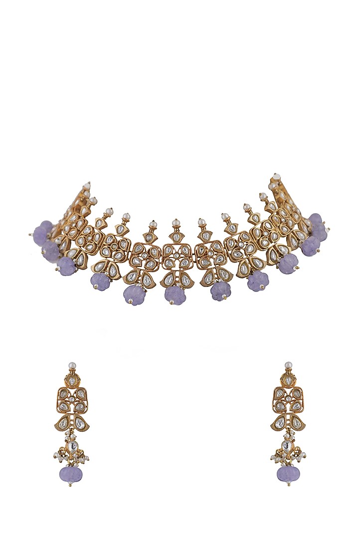 Gold Plated Purple Beaded & Pearl Choker Necklace Set by Riana Jewellery at Pernia's Pop Up Shop