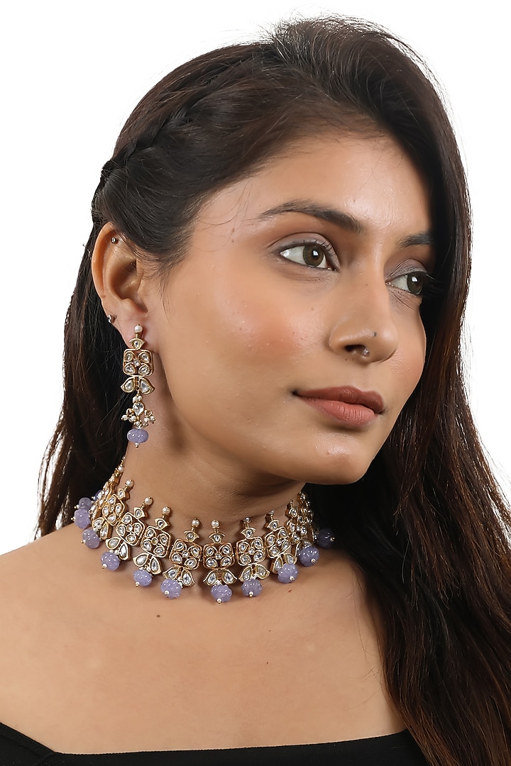 Gold Plated Purple Beaded & Pearl Choker Necklace Set by Riana Jewellery at Pernia's Pop Up Shop