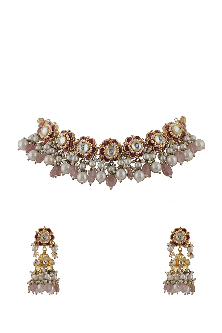 Gold Plated Pearl Floral Choker Necklace Set by Riana Jewellery at Pernia's Pop Up Shop