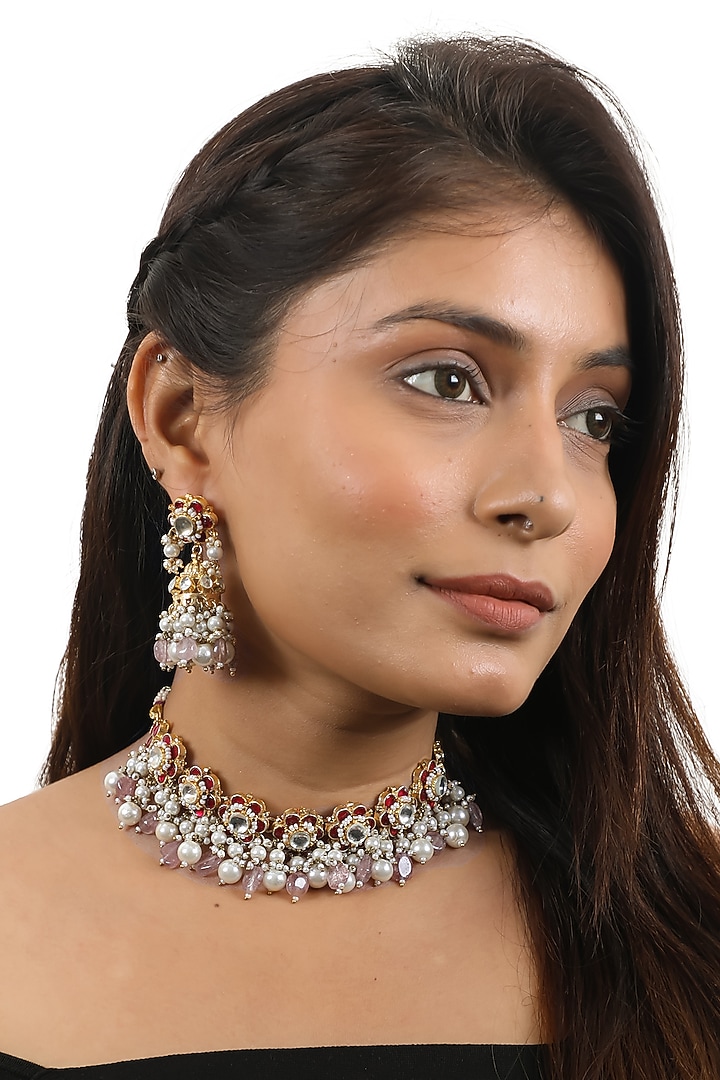 Gold Plated Pearl Floral Choker Necklace Set by Riana Jewellery at Pernia's Pop Up Shop