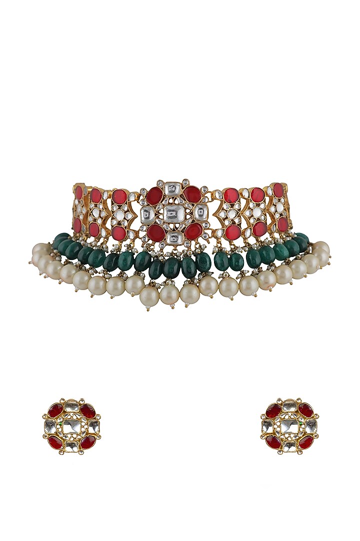 Gold Plated Green Beaded Choker Necklace Set by Riana Jewellery at Pernia's Pop Up Shop