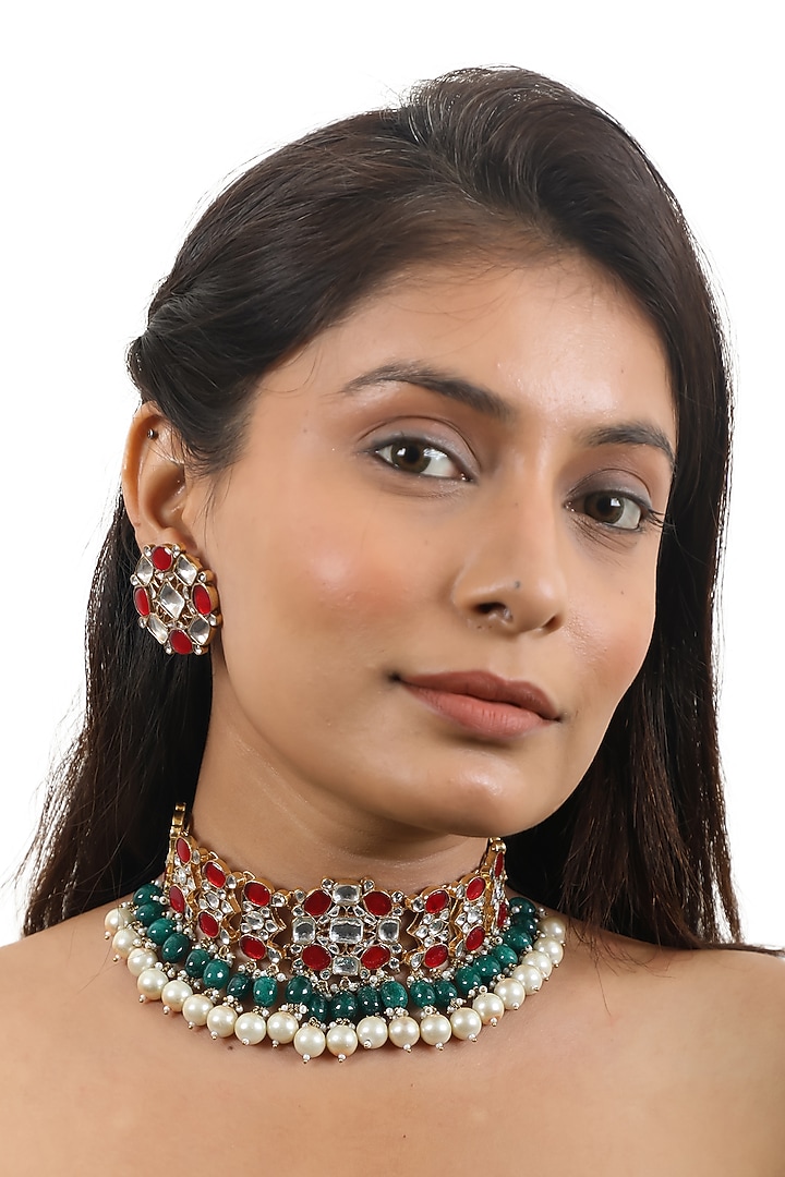 Gold Plated Green Beaded Choker Necklace Set by Riana Jewellery at Pernia's Pop Up Shop