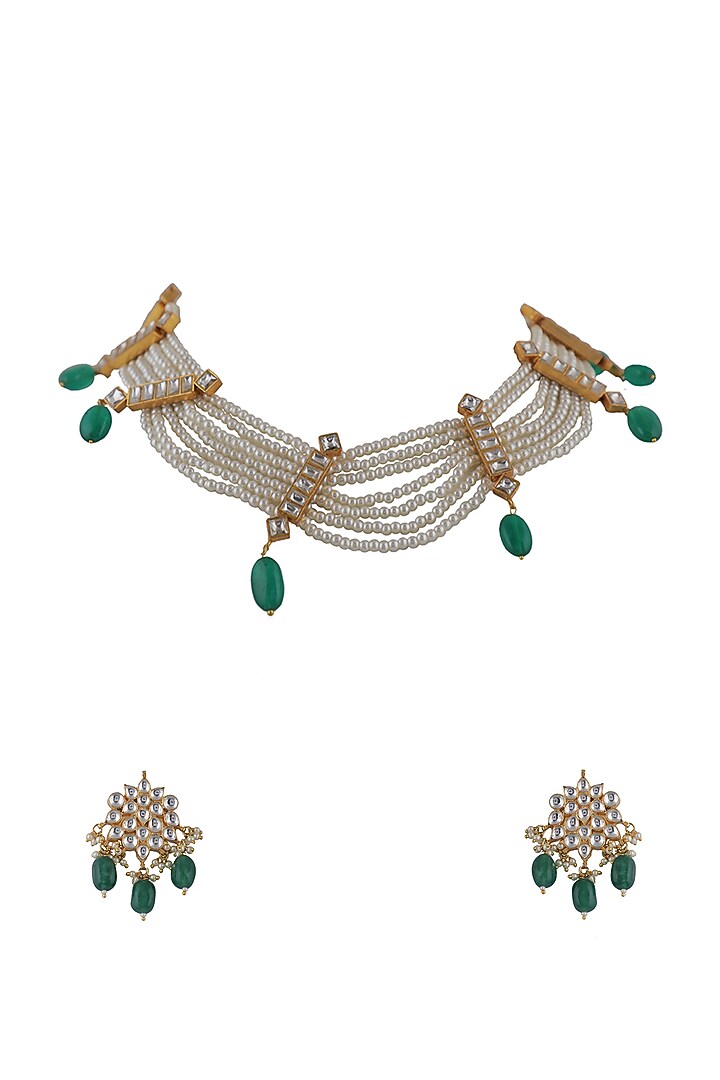 Gold Plated Green Beaded Choker Necklace Set by Riana Jewellery at Pernia's Pop Up Shop