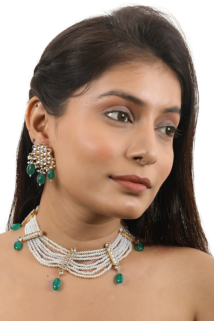 Gold Plated Green Beaded Choker Necklace Set by Riana Jewellery at Pernia's Pop Up Shop