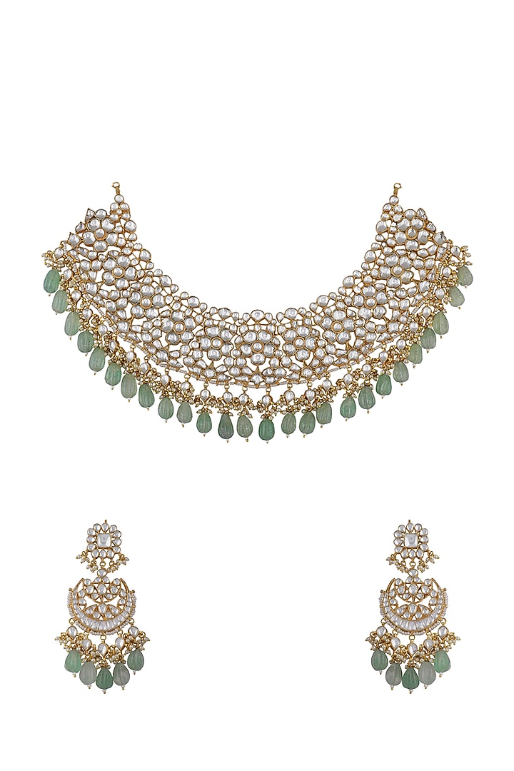 Gold Plated Sea Green Beaded Necklace Set by Riana Jewellery at Pernia's Pop Up Shop