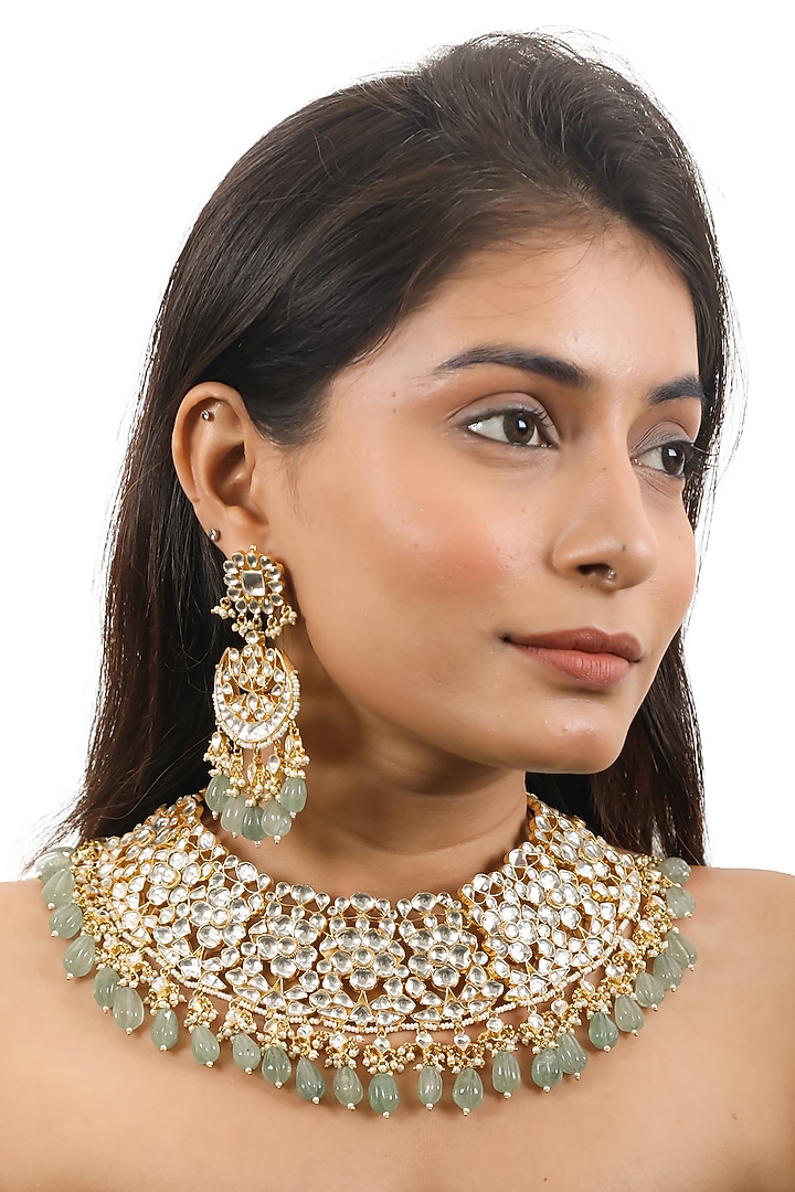 Gold Plated Sea Green Beaded Necklace Set by Riana Jewellery at Pernia's Pop Up Shop