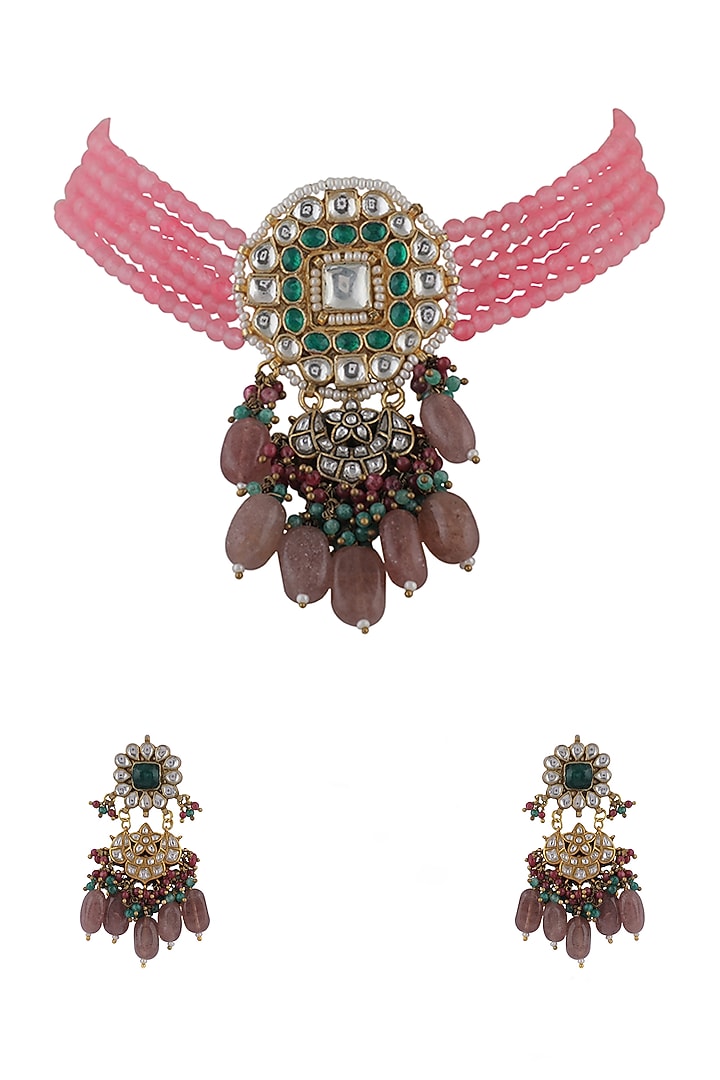 Gold Plated Pastel Pink Beaded Choker Necklace Set by Riana Jewellery at Pernia's Pop Up Shop