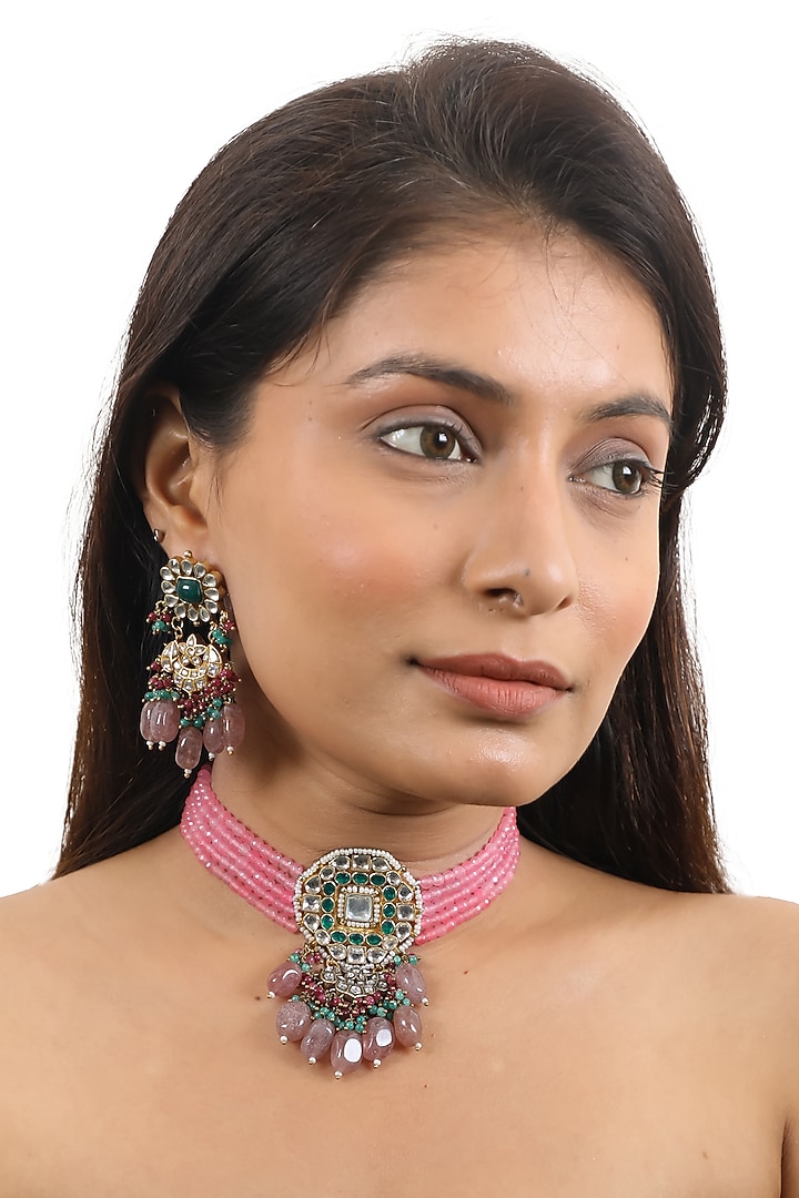 Gold Plated Pastel Pink Beaded Choker Necklace Set by Riana Jewellery at Pernia's Pop Up Shop
