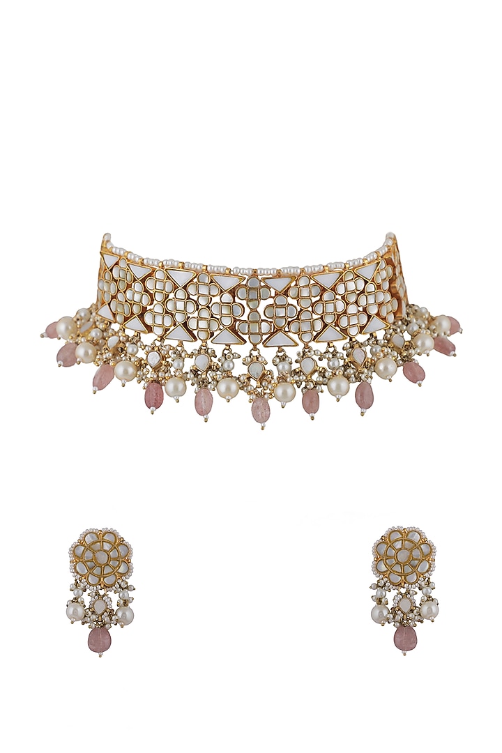Gold Plated Light Pink Beaded & Seep Choker Necklace Set by Riana Jewellery at Pernia's Pop Up Shop