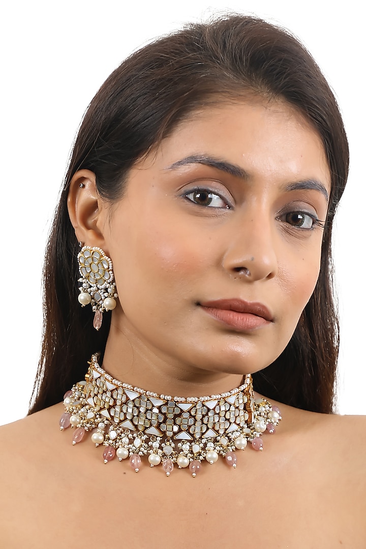 Gold Plated Light Pink Beaded & Seep Choker Necklace Set by Riana Jewellery