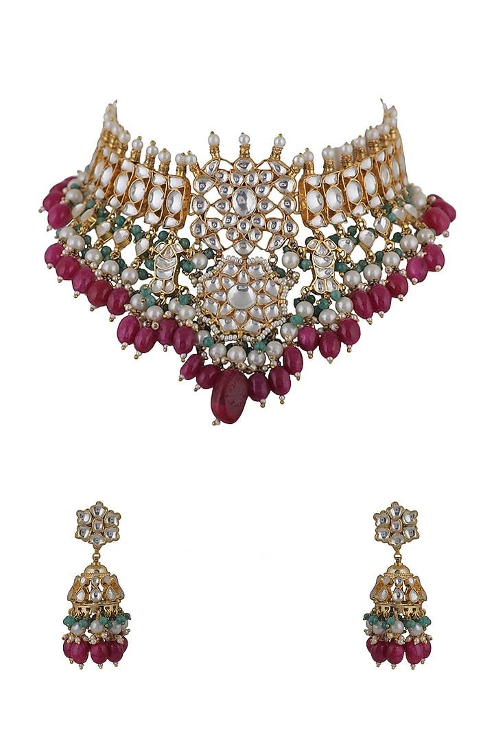Gold Plated Pink Beaded & Pearl Choker Necklace Set by Riana Jewellery at Pernia's Pop Up Shop