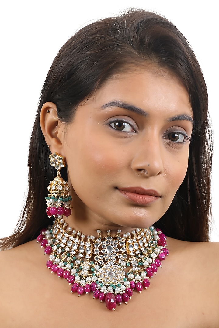 Gold Plated Pink Beaded & Pearl Choker Necklace Set by Riana Jewellery at Pernia's Pop Up Shop
