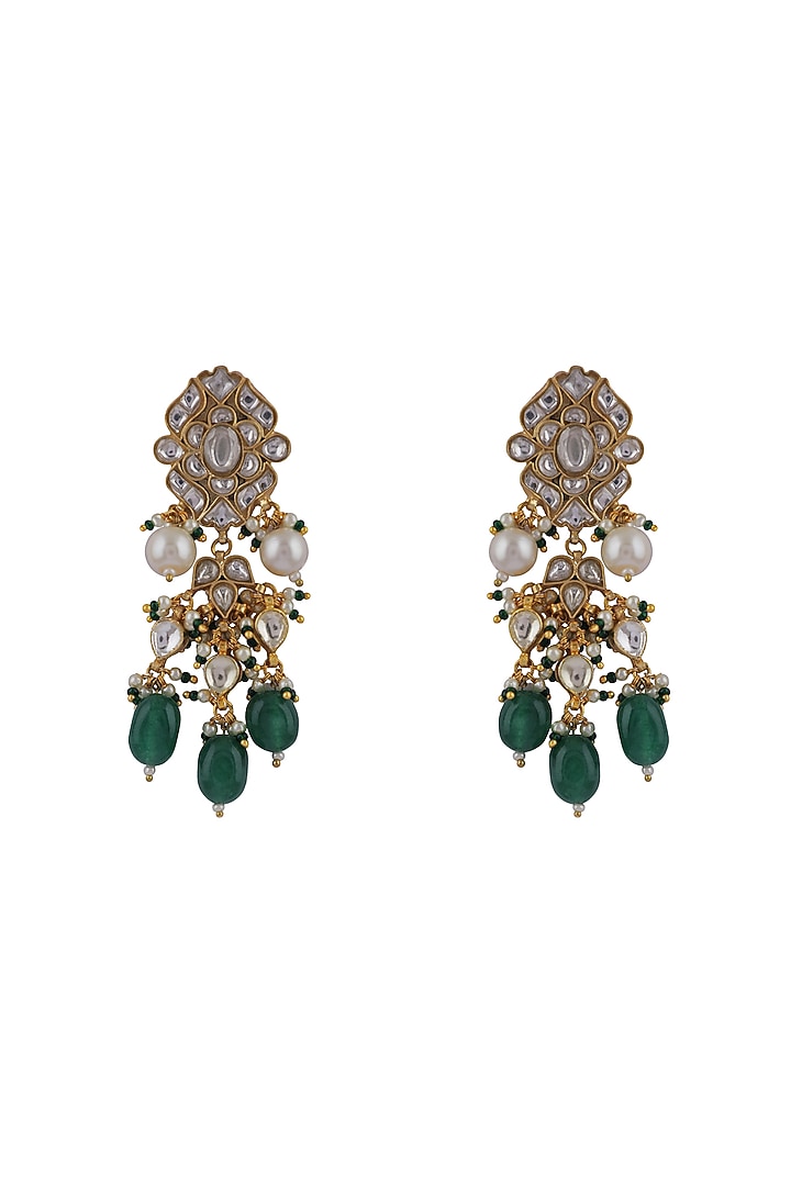 Gold Plated Green Pearl & Jadtar Stone Floral Dangler Earrings by Riana Jewellery at Pernia's Pop Up Shop