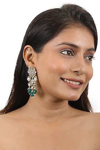 Gold Plated Green Pearl & Jadtar Stone Floral Dangler Earrings by Riana Jewellery