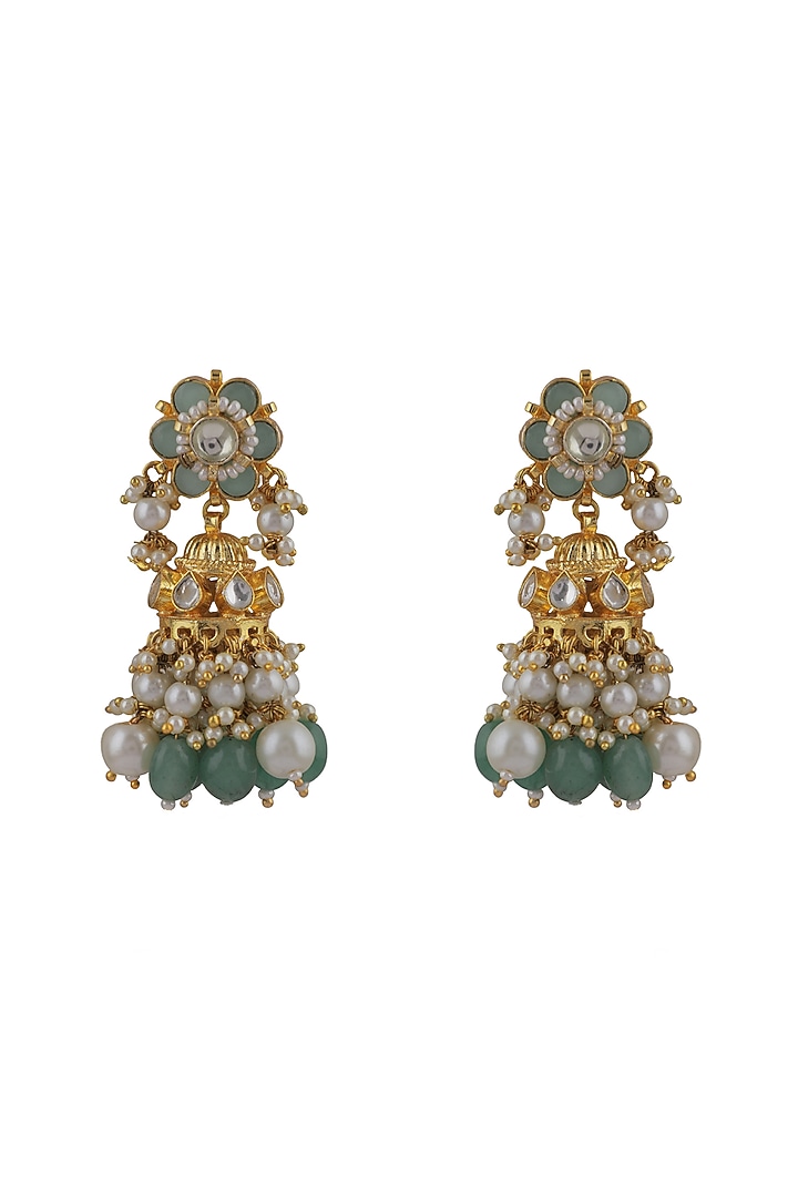 Gold Plated White Pearl Floral Jhumka Earrings by Riana Jewellery at Pernia's Pop Up Shop