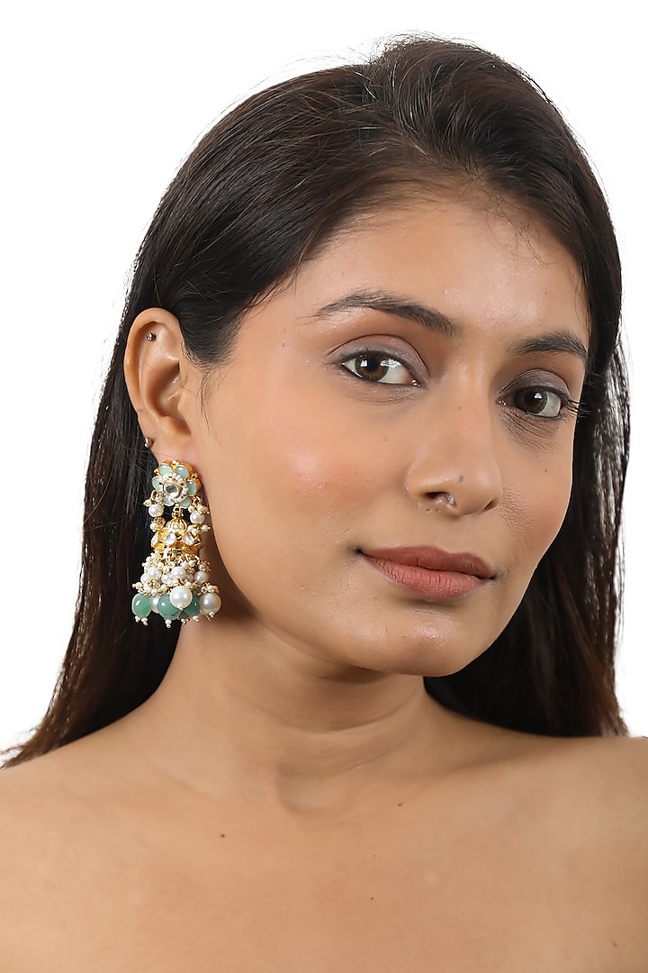 Gold Plated White Pearl Floral Jhumka Earrings by Riana Jewellery at Pernia's Pop Up Shop