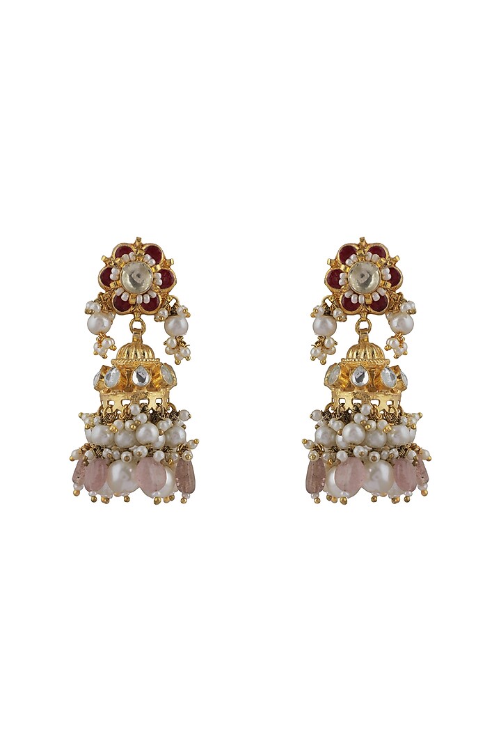 Gold Plated White Pearl Jhumka Earrings by Riana Jewellery at Pernia's Pop Up Shop