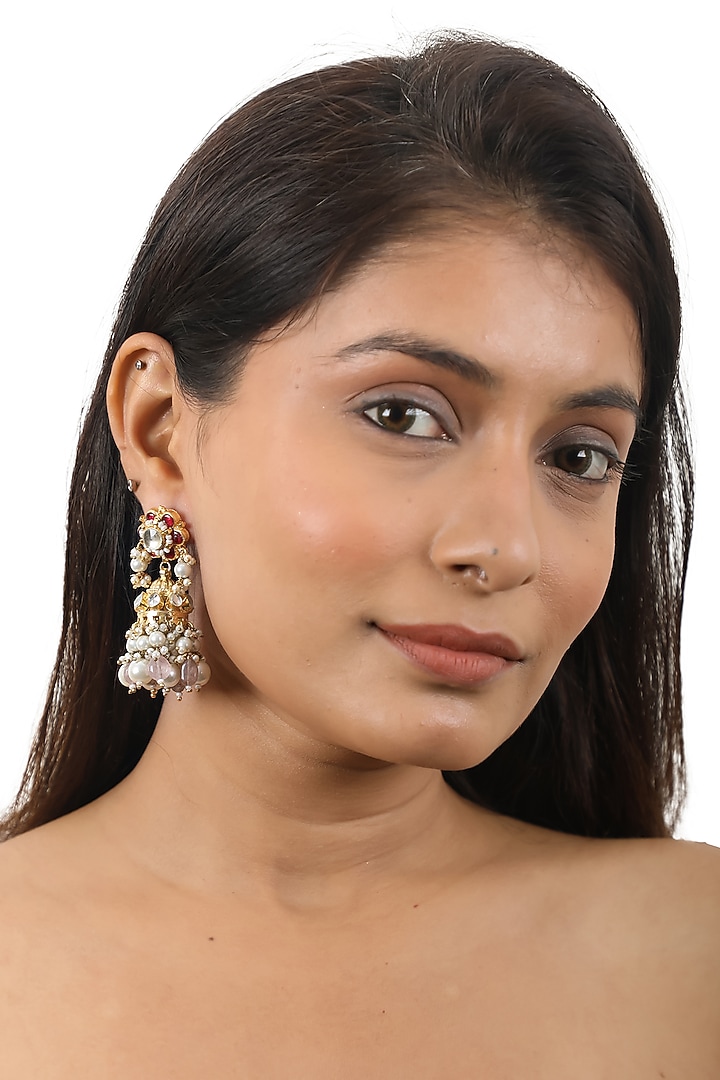 Gold Plated White Pearl Jhumka Earrings by Riana Jewellery at Pernia's Pop Up Shop