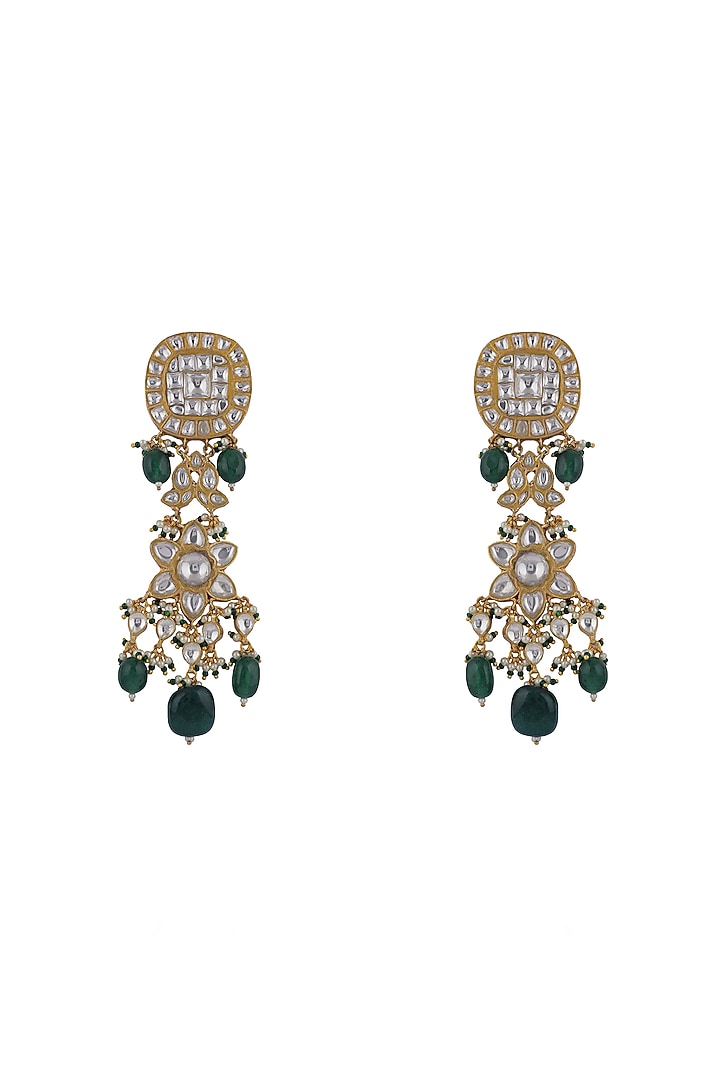 Gold Plated Pearl & Jadtar Stone Floral Dangler Earrings by Riana Jewellery at Pernia's Pop Up Shop