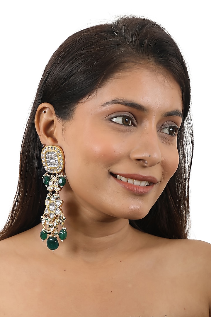 Gold Plated Pearl & Jadtar Stone Floral Dangler Earrings by Riana Jewellery at Pernia's Pop Up Shop