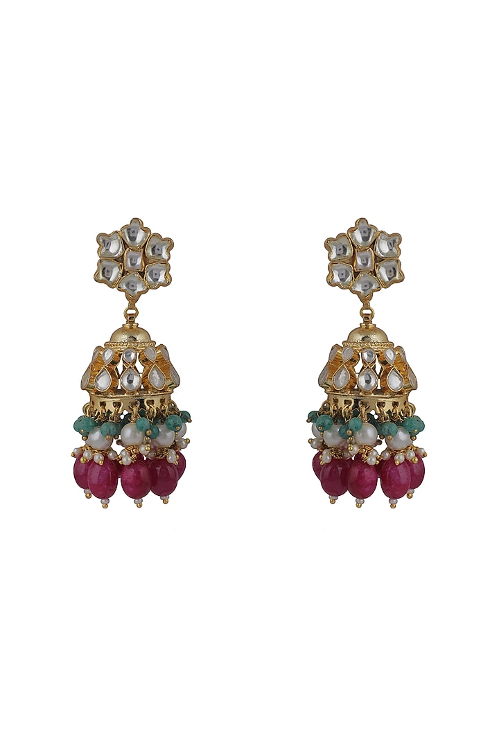 Gold Plated Pink Beaded & Pearl Jhumka Earrings by Riana Jewellery at Pernia's Pop Up Shop