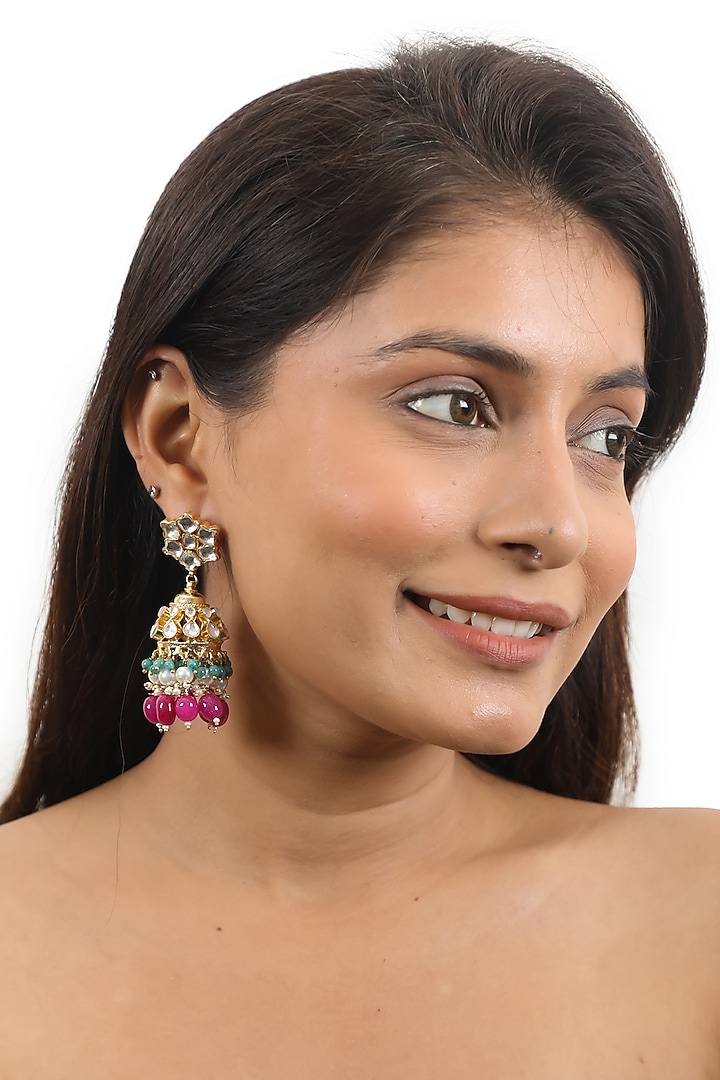 Gold Plated Pink Beaded & Pearl Jhumka Earrings by Riana Jewellery at Pernia's Pop Up Shop