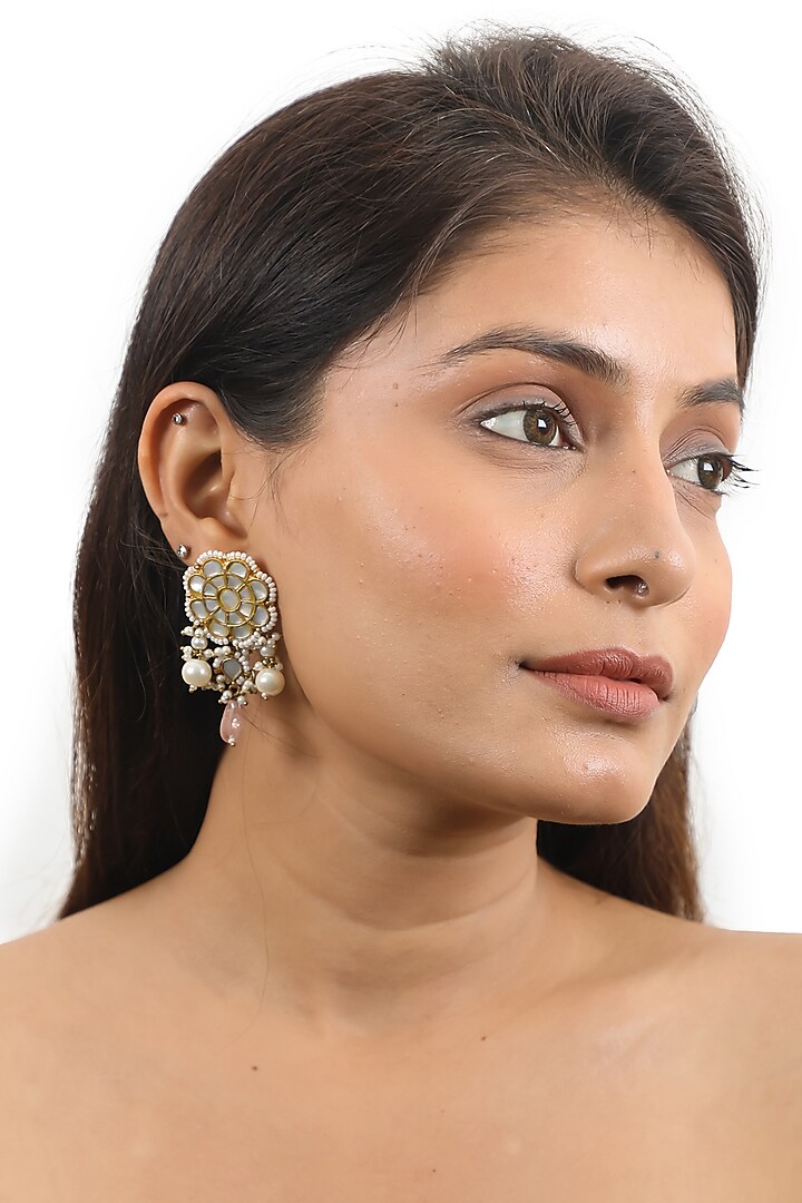 Gold Plated Pastel Pink Bead & Pearl Stud Earrings by Riana Jewellery at Pernia's Pop Up Shop