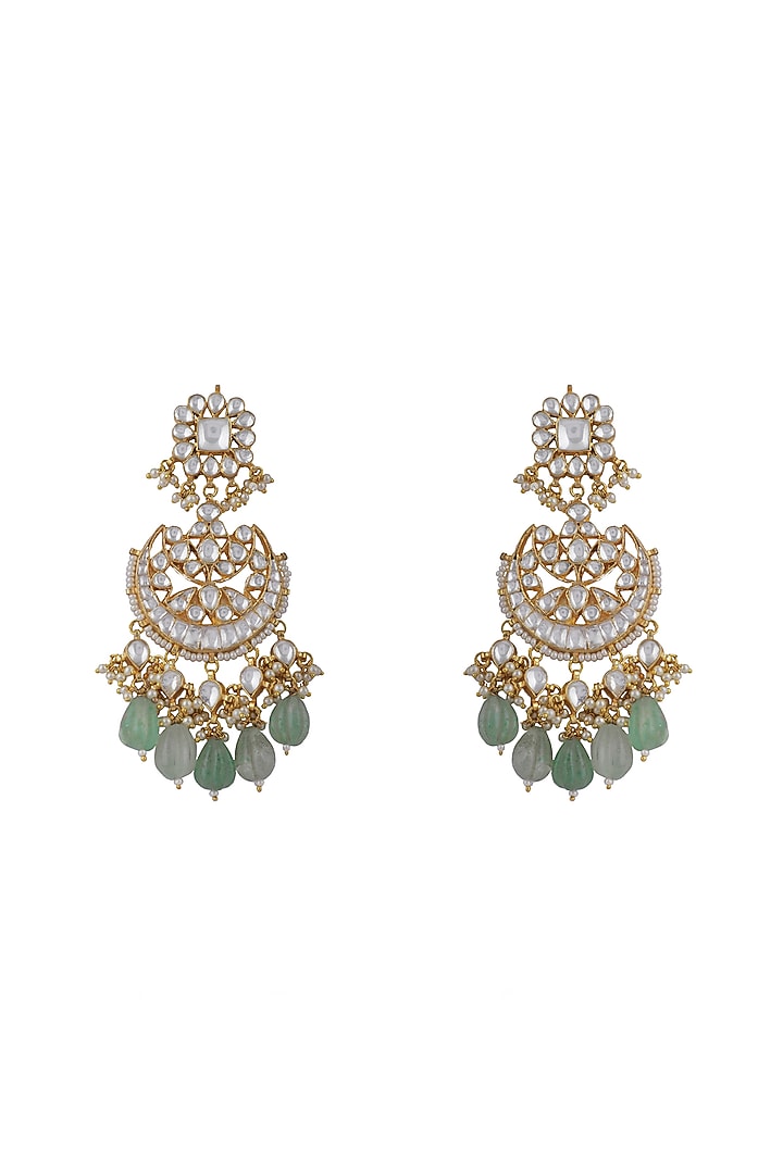 Gold Plated Sea Green Beaded & Pearl Chandbali Earrings by Riana Jewellery at Pernia's Pop Up Shop