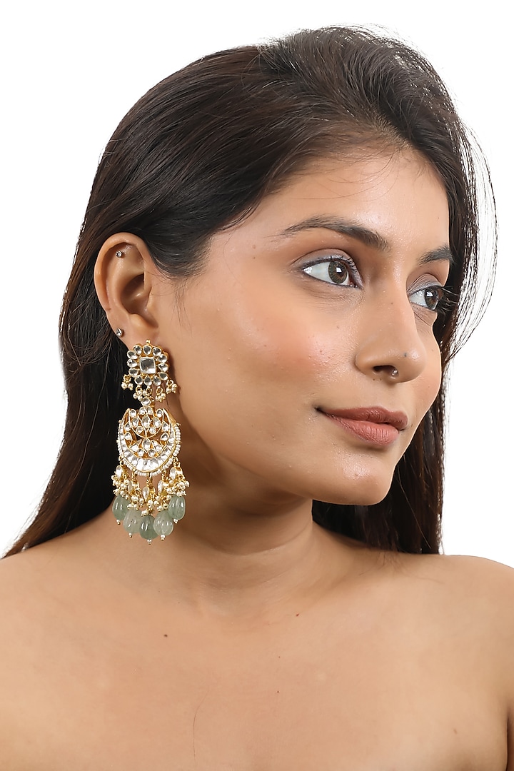 Gold Plated Sea Green Beaded & Pearl Chandbali Earrings by Riana Jewellery at Pernia's Pop Up Shop